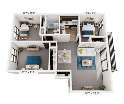 Floor plan for 3 beds, 1 bath, 1100 sqft